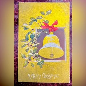 Antique Postcard Merry Christmas, Bell and Holly, Gold Background  Unposted 1910